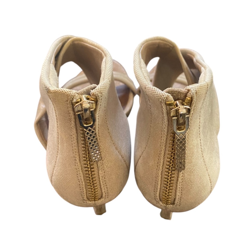 Donald Pliner Tilly Heels Size 8.5 M Tan Champagne Gold Shimmer Fabric Zip - Picture 6 of 9